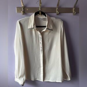 Vintage Koret Ivory Floral Beaded Button Down Top Size 14